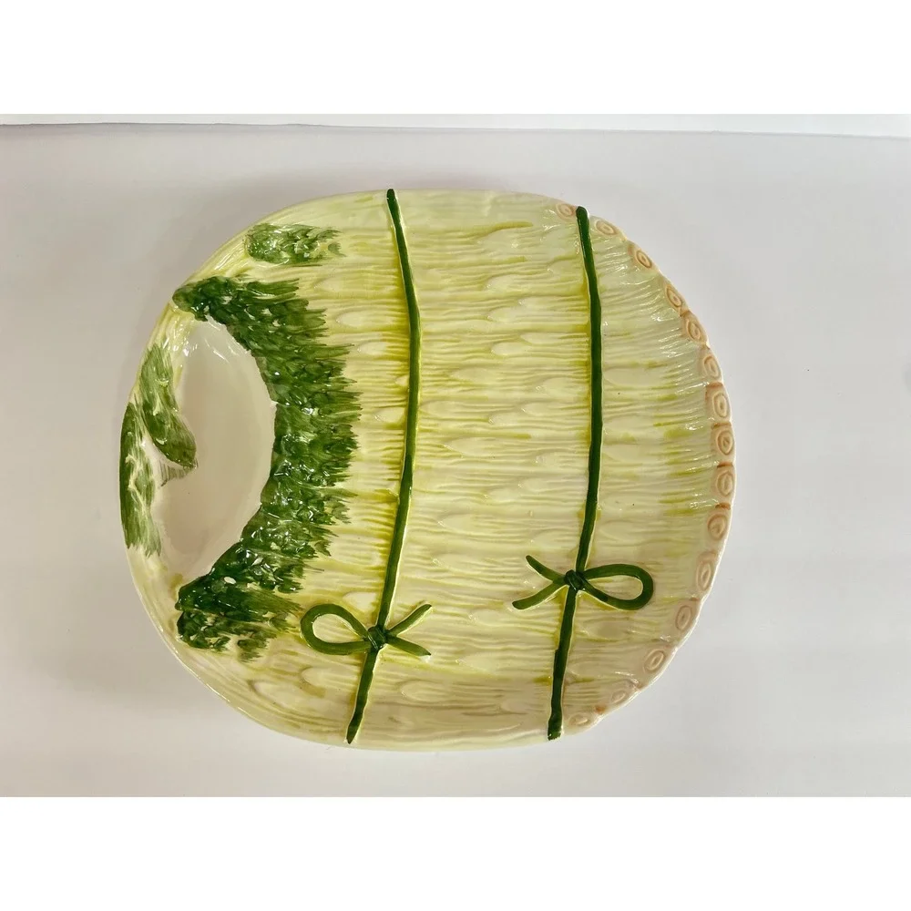 Vintage Portugal Majolica Ceramic Serving Bowl with Embossed Asparagus Stalks